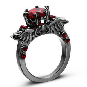 New Skull with Wings & Red Stones Ring Sz 6